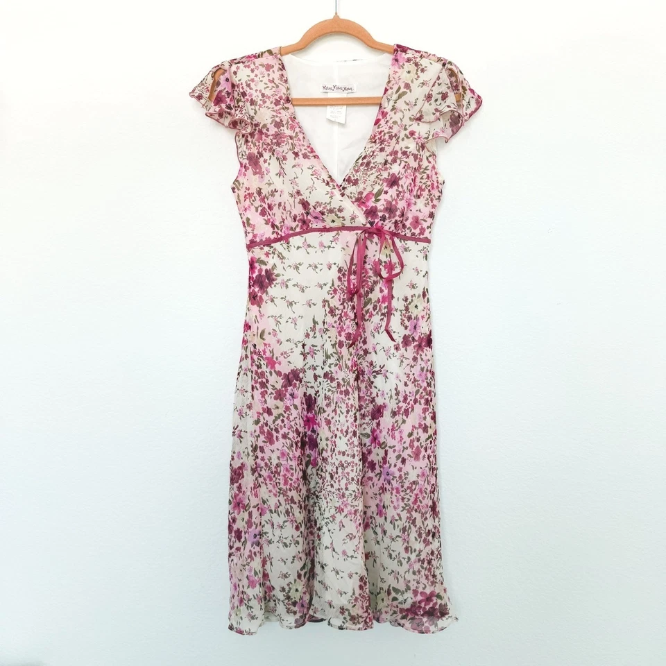 Vestido feminino Y2K tamanho P rosa floral babydoll coquete fada romântico malha casa de campo - Imagem 2 de 4