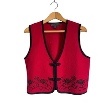 Herman Geist red wool vest embroidery buttons heavyweight vintage Size Lp