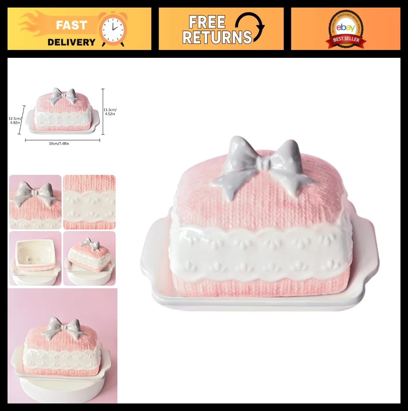 Ceramic Butter Dish with Lid - Pink Butter Keeper for Breakfast & Kitchen, Dishw
