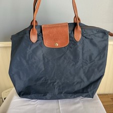 LONGCHAMP Le Pliage Large Dark Blue Nylon Leather Shoulder Bag Tote Zip Purse