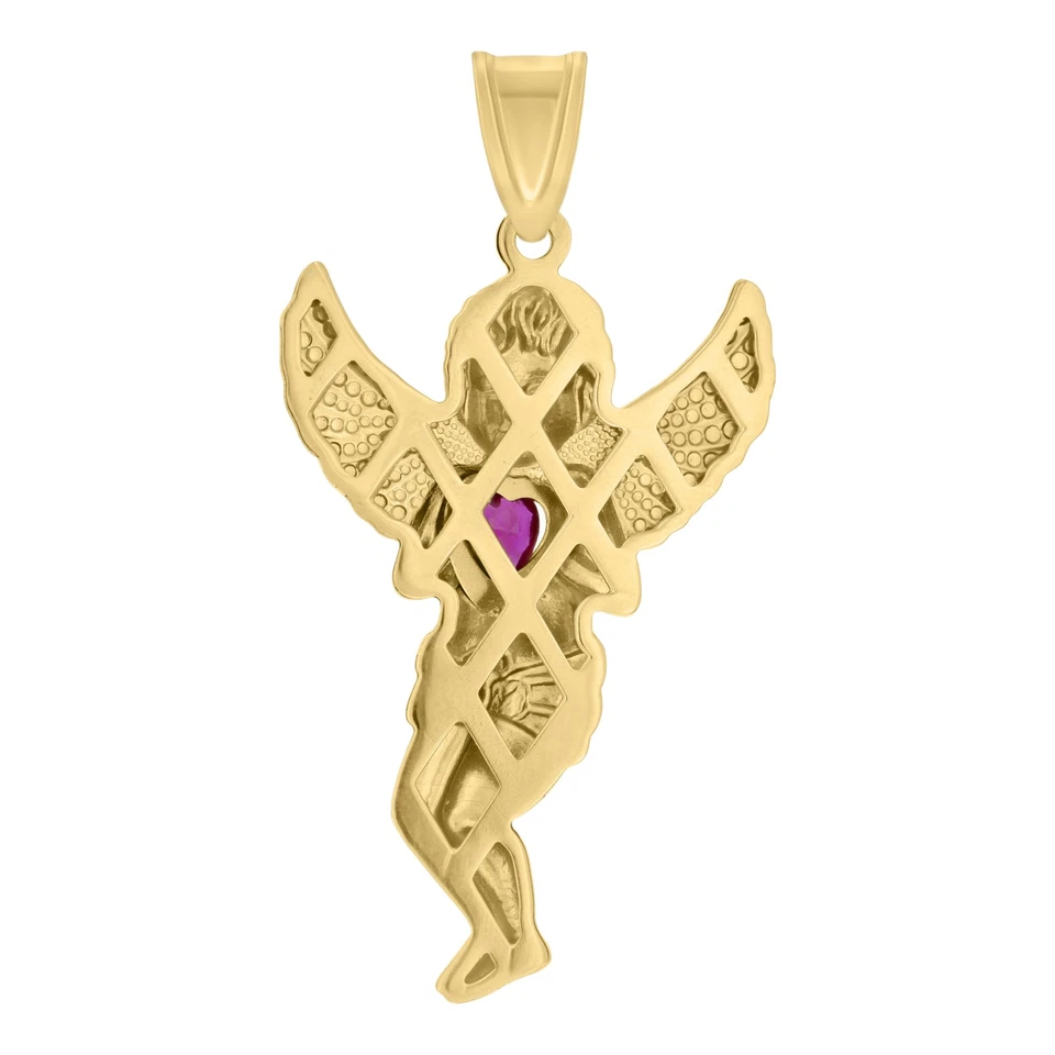 Colgante Corazón Sosteniendo Ángel Dije Corte Diamante Unisex 10K Dos Tonos Oro Circonita Roja 2" Foto 2 de 3