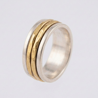 Sterling Silver Hammered Spinner Band Ring   Two Tone Gold Vermeil Finish