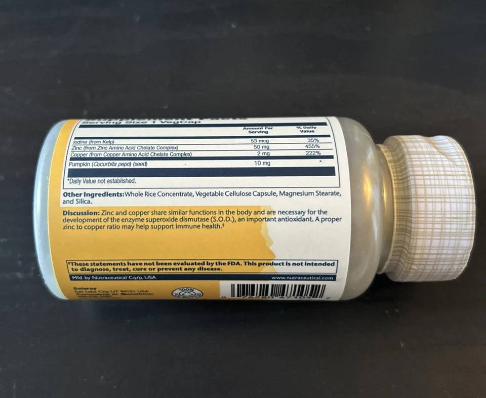 2X Solaray Zinc Copper 100 VegCaps - Amino Acid Chelate with Kelp & Pumpkin Seed - Image 3 of 4