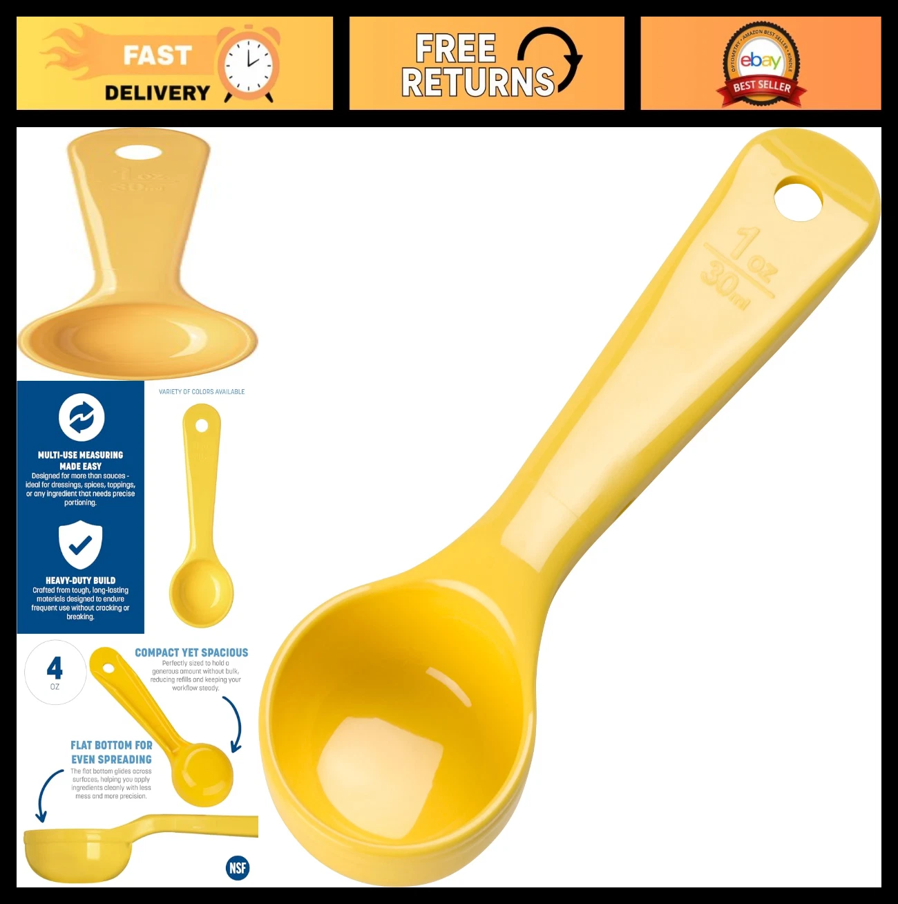 Solid Measuring Spoon Set, 1 Ounce Short Handle, Yellow - Pack of 12 for Cooking