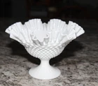 Vintage Fenton Milk Glass Hobnail Pedestal Bowl Double Crimped