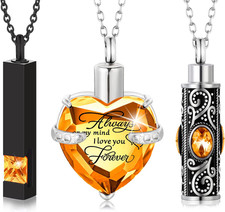 3 Pieces Cremation Urn Necklace for Ashes Vertical Bar Zircon, Heart Crystal Nec