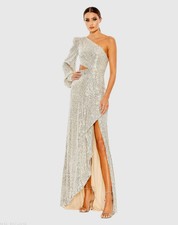 Ieena for Mac Duggal Dress Women's 2 Silver Sequined One Shoulder Cut Out Gown