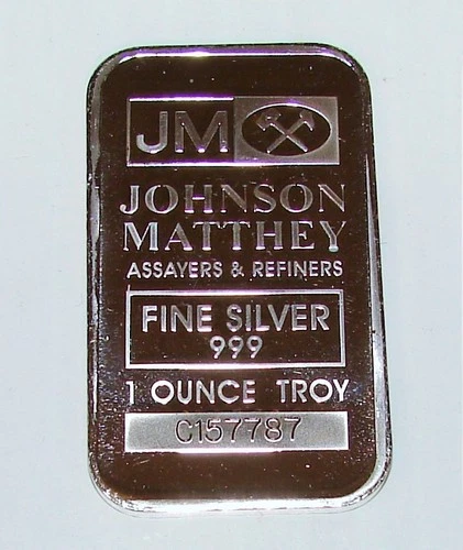 JM Johnson Matthey Vintage Silver Bar 1 OZ Troy Ounce .999 Bullion C157787