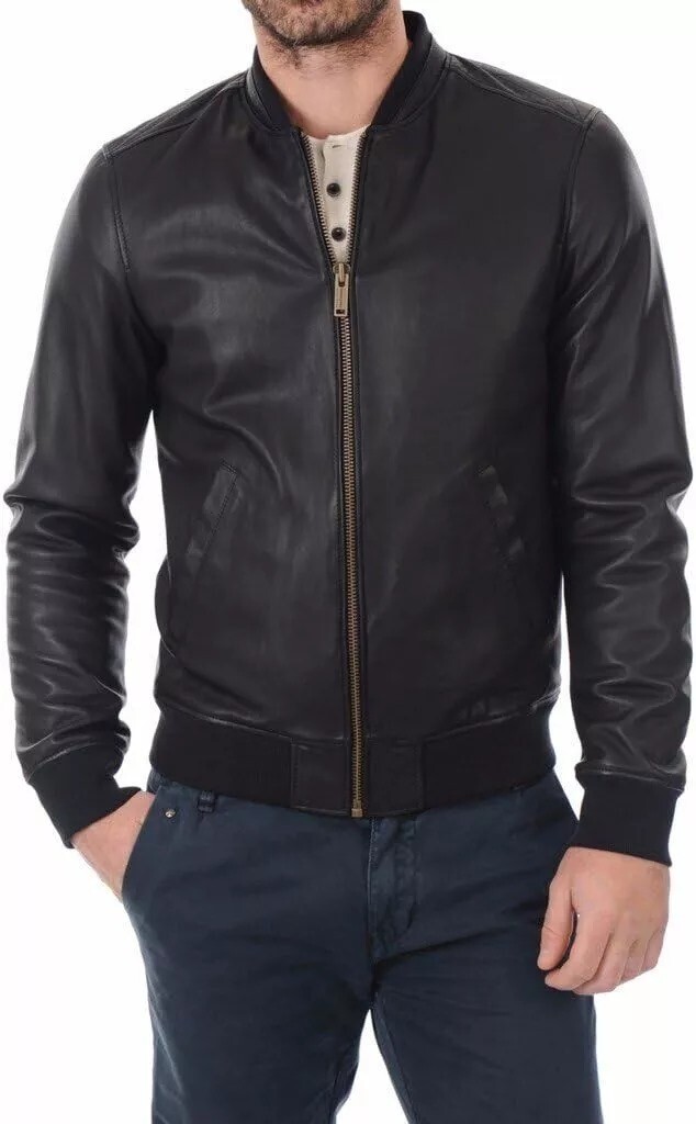Men's Black Leather Bomber Jacket - Stylish Slim Fit Casual Zip-Up Jacket