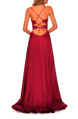 strapless open back dress Spaghetti Straps Deep V-neck Simple Cheap Long Red Prom Dresses, PD010   SofieBridal