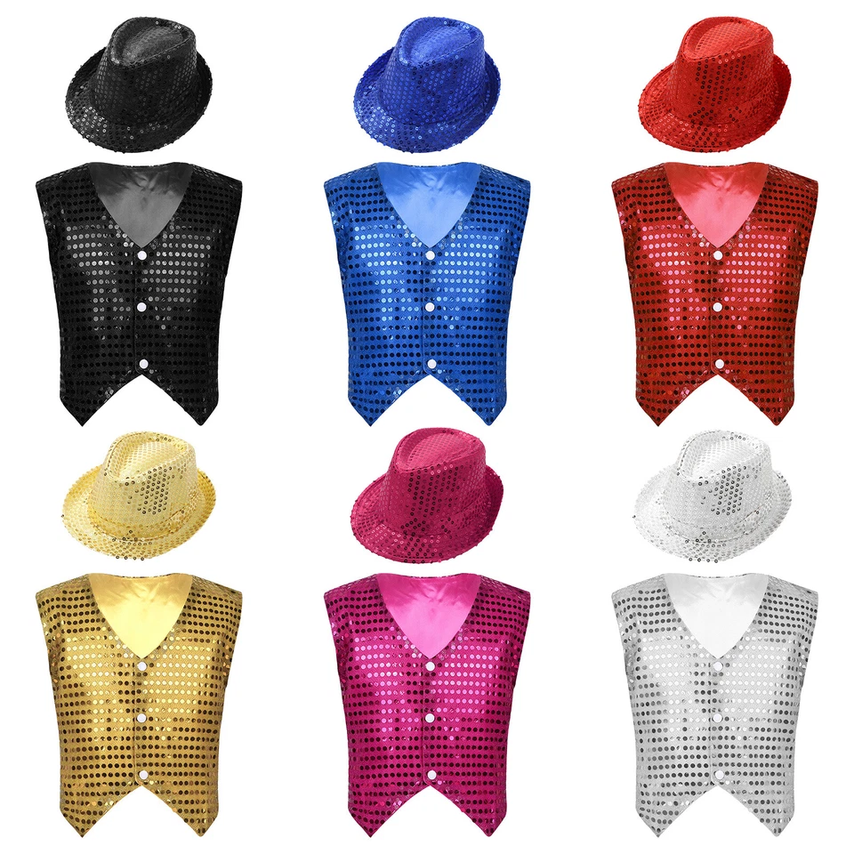Conjunto Chaleco Chaleco y Sombrero Niños Lentejuelas Baile Hip Hop Performance Fiesta Disfraz Foto 4 de 4