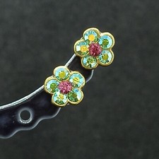 Michal Negrin Small Post Earrings Green Pink AB Crystals Romantic Flower Gift