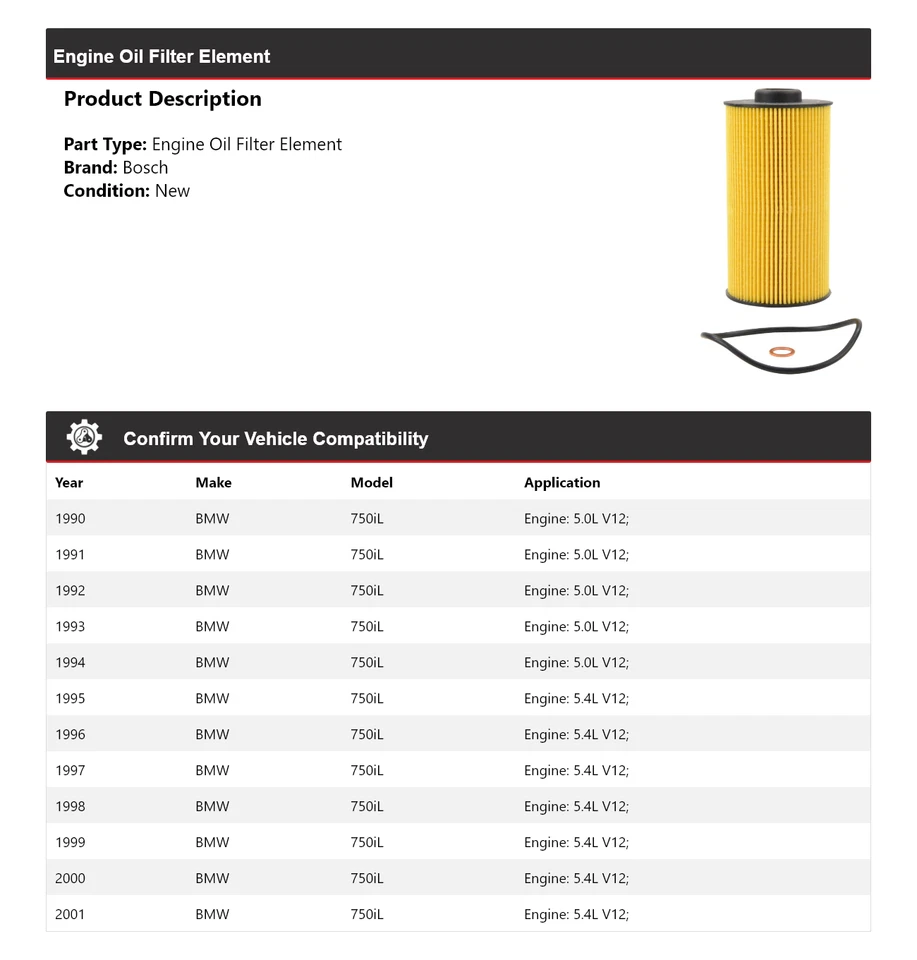 Elemento filtro aceite motor Bosch para BMW 750iL 1990-2001 1991 1992 1993 1994 1995 Foto 2 de 3
