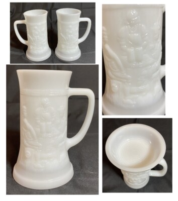 VINTAGE Federal Milk Glass Steins 12 oz. Tavern Bar Scene 2-Piece Set EXCELLENT