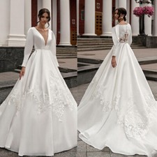 Elegant A-Line Wedding Dresses V-Neck Long Sleeved Satin Applique Bridal Gowns