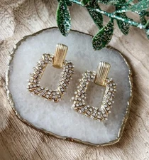 Plunder Design Fashion Jewelry Evalyn Gold Crystal Square Drop Dangle Earrings