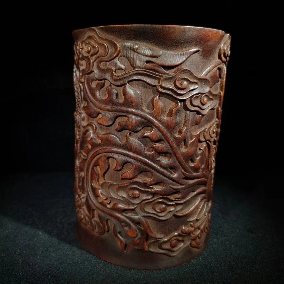 6.3" Collect China Old Bamboo Relief Carving Dragon And Phoenix Brush Pot - Image 3 of 4