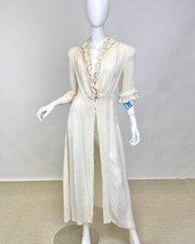 Antique 1930s Pale Cream White Robe Dressing Gown Silk Rayon Ruffles Detail