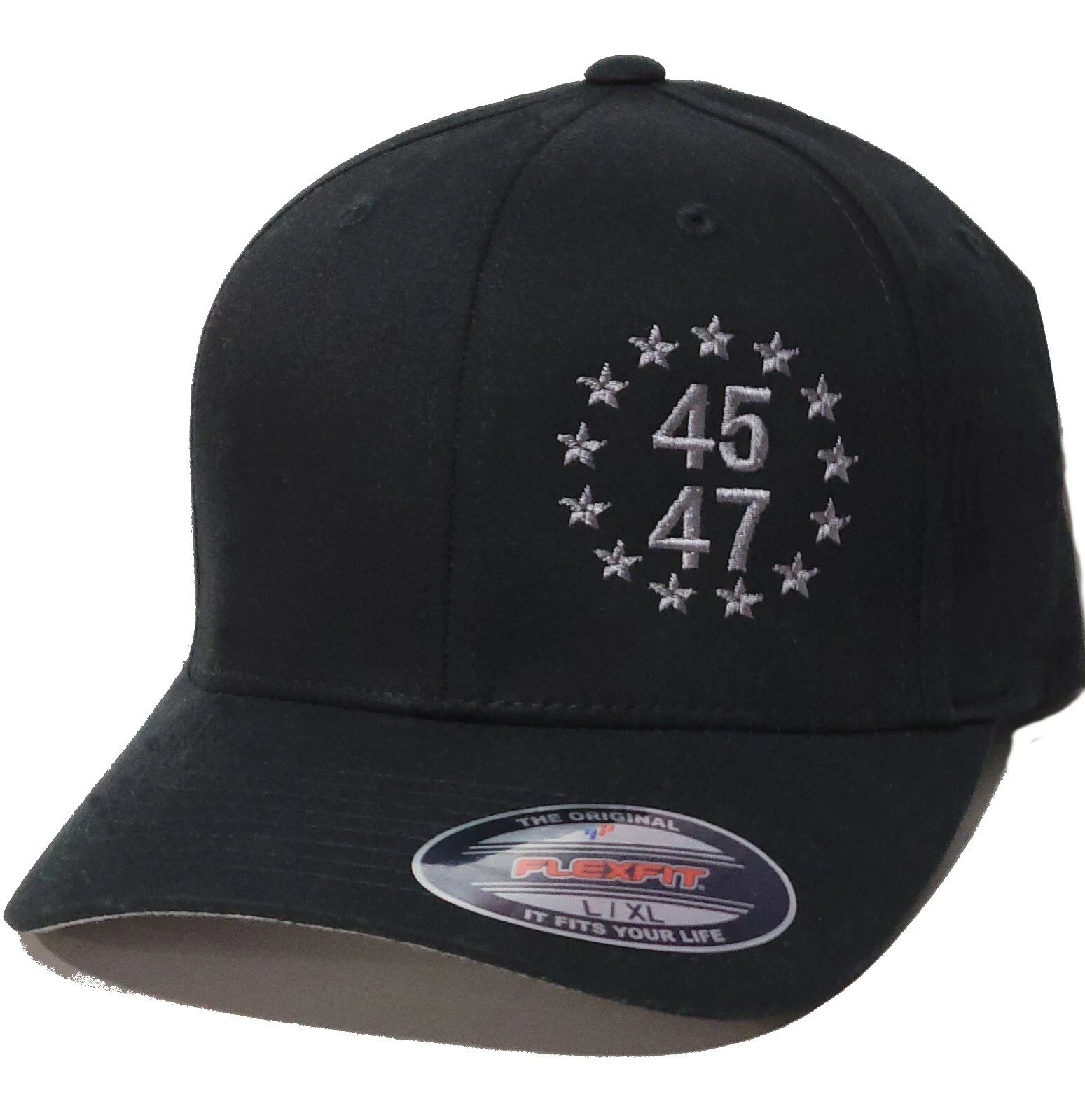 President Trump MAGA Gray 45-47 Embroidered FLEXFIT Black Cap Hat, 5001