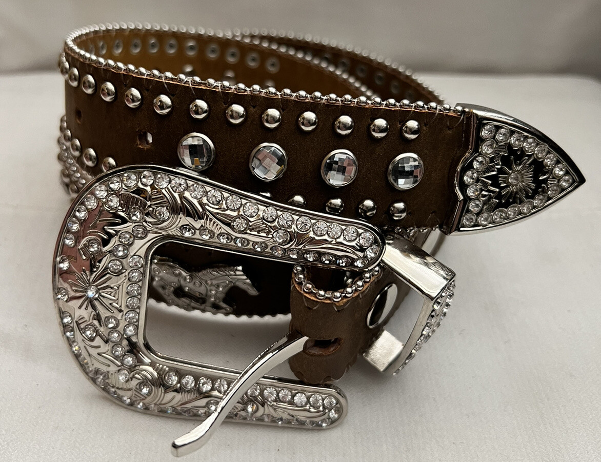 Nocona Cowgirl Western Brown/Rhinestone Horse Leather Belt Size 24
