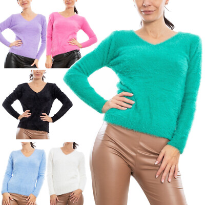 Pullover Frau V-Ausschnitt Hochflor Shaggy Eco Pelz Pullover TooCool VI-9516