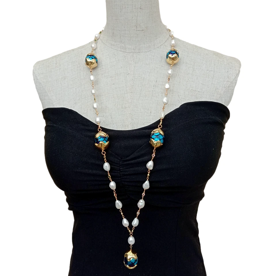 Collar largo cadena rosario cristal de Murano azul perla barroca blanca cultivada 33" Foto 3 de 4