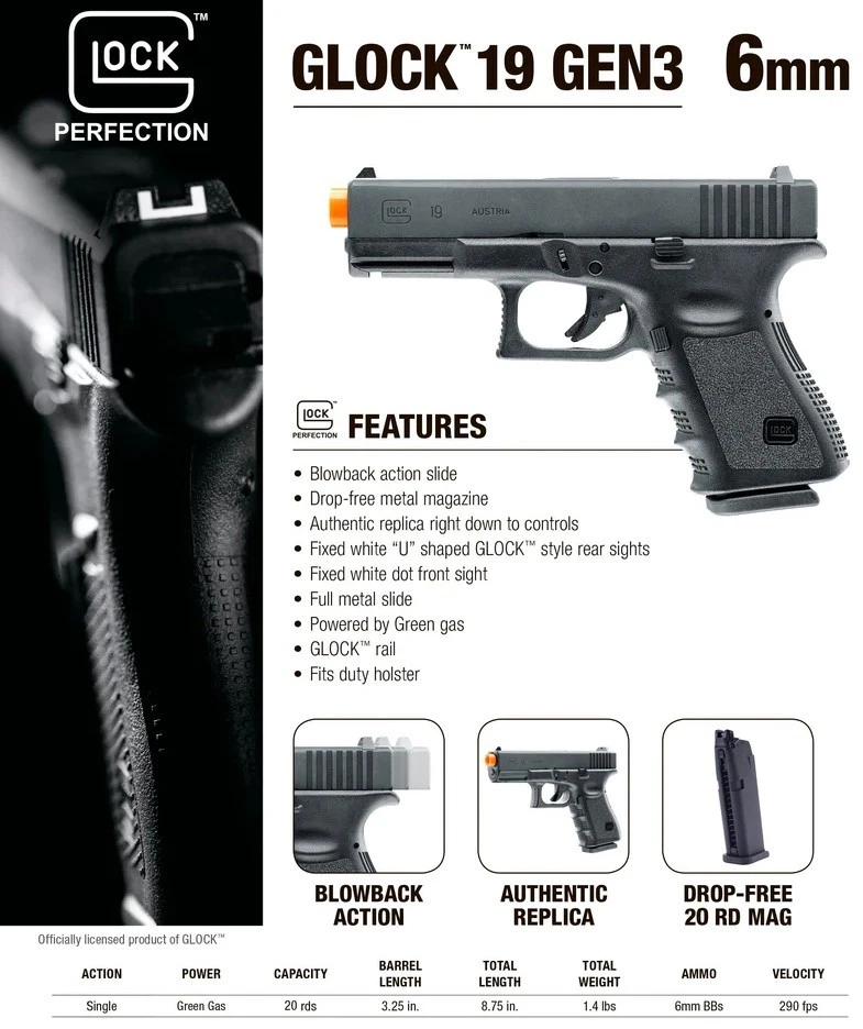 Pistola de Airsoft Umarex Glock 19 Gen 3 Blowback con Gas Verde y Paquete BB (2276303) Foto 3 de 4