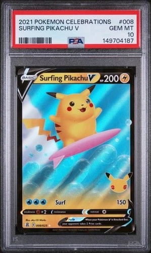 Pokemon SWSH Celebrations Surfing Pikachu v 2021 #008/025 PSA 10