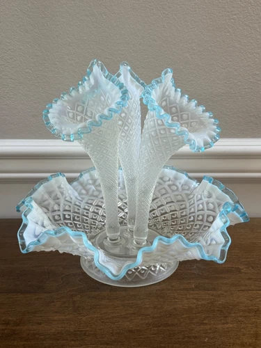 VINTAGE FENTON HOBNAIL FRENCH OPALESCENT AQUA CREST DIAMOND LACE PATTERN EPERGNE