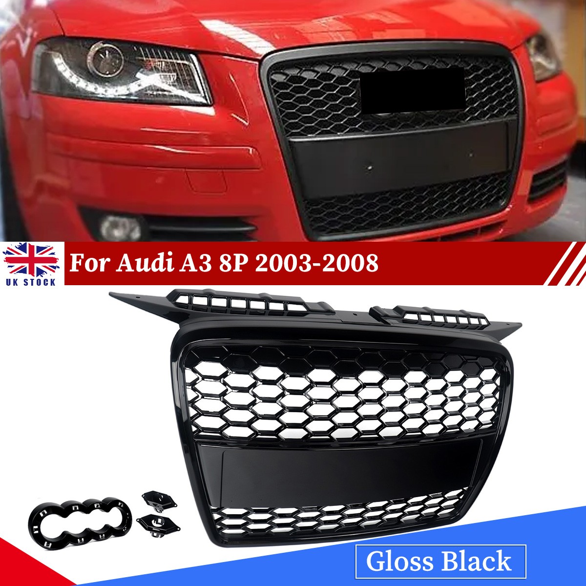 Front Bumper Main Grille For Audi A3 8P 2003-2008 Honeycomb Style Gloss Black