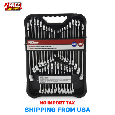 Hyper Tough 32Pc Combination Wrench Set SAE Metric Standard Stubby w/ Case