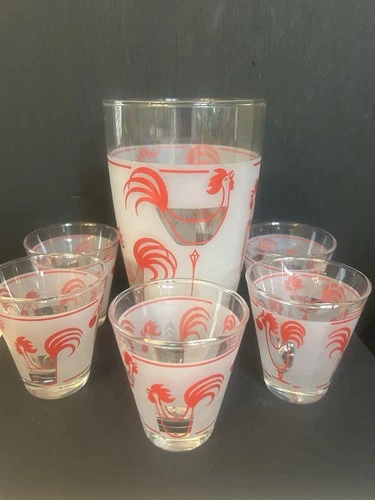 Red Rooster And Cherry Cocktail Set Of Pitcher & 5 Shot Glasses