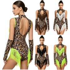 Women Leotard Nightclub Leopard Competitions Bodysuit Backless Latin Gymnastics