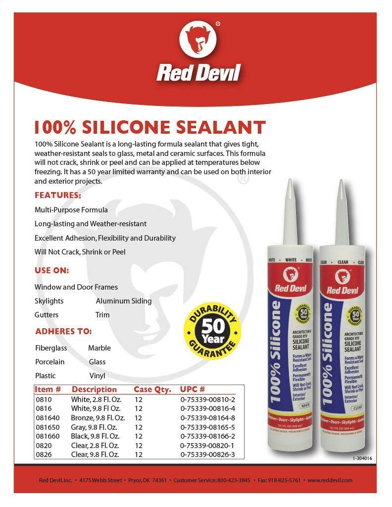 Red Devil 082012 100% Silicone Sealant Architectural Grade, Clear, 2.8 Oz, Pack