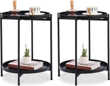 Tiita 2 Pack Round End Table Mental 2-Tier Side 2 Teatable-black 