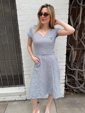 Let's Backtrack Blue/White Gingham A-Line Midi Dress V-Neck Pockets Size S