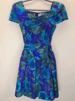 Vtg 80s Floral Off Shoulder Party Dress Prom Belted Size 11 Thule Skirt Retro