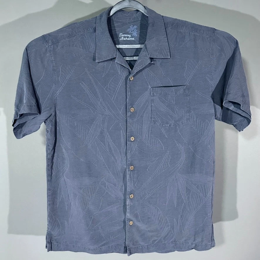 TOMMY BAHAMA 100% Silk L Grey Men's Floral Shirt Short Sleeve Button Up