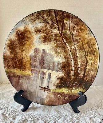 Victorian Hand Painted French Glass Large 13'' Plate Fall Scene