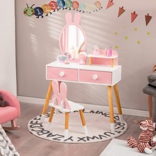 Kids Vanity Table Set Dressing Table Set w/ Storage Shelf Large Drawers