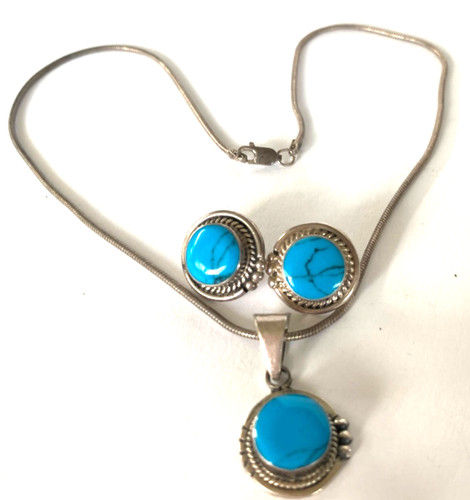 Vintage Taxco Mexico Sterling Silver Turquoise Necklace and Earrings Sets