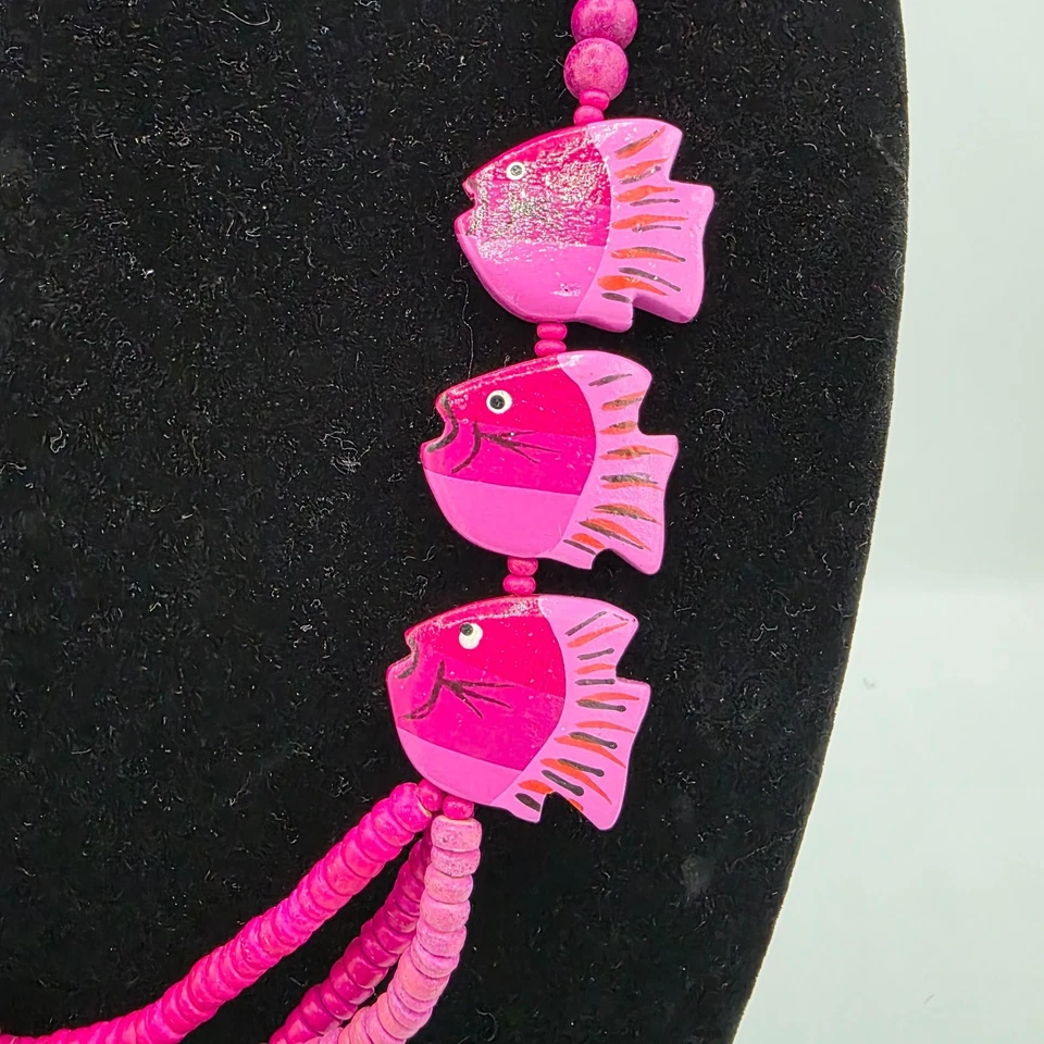 Collar Mujer Multi Hilo Cuentas Rosa Caliente Madera Pez Playa Verano Boho 24" Foto 2 de 4