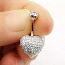 Women Heart Shape Belly Button 14K White Gold Finish Simulated Round Cut Diamond