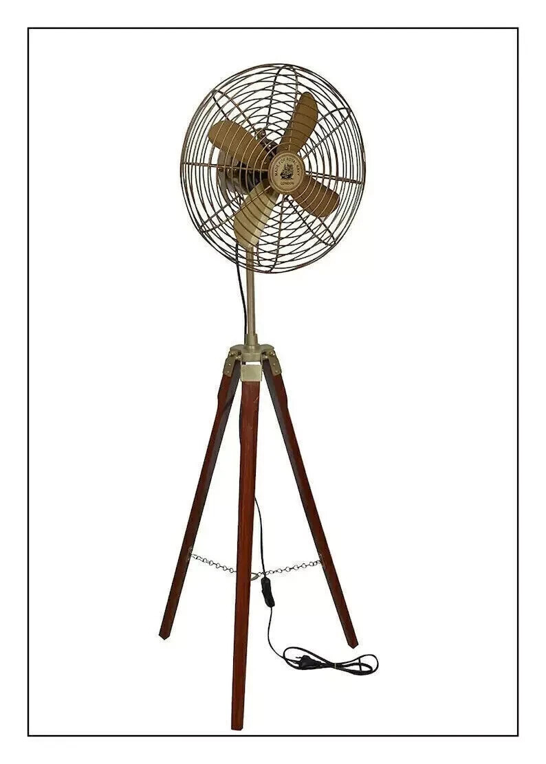 Vintage Brass Floor Fan with Wood Tripod Royal Navy London Style-image