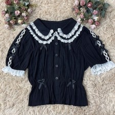 Lady Cute Blouse Shirt Top Puff Short Sleeve Bow Lace Button Sweet Retro Shirt