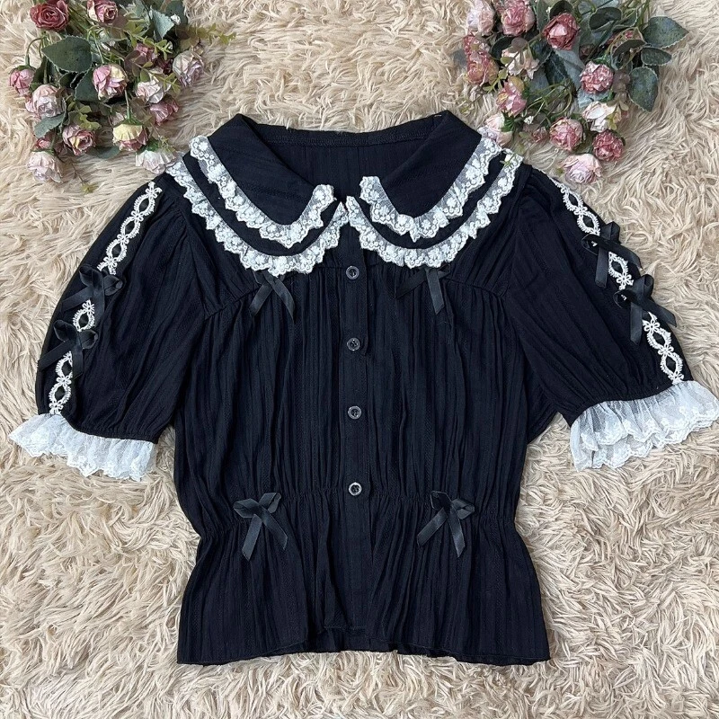 Mujeres Linda Blusa Camisa Top Puff Manga Corta Lazo Encaje Botón Dulce Camisa Retro Foto 2 de 4