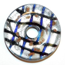 P2652 Blue  Silver w Gold Sparkles 42mm Open Round Donut Lampwork Glass Pendant
