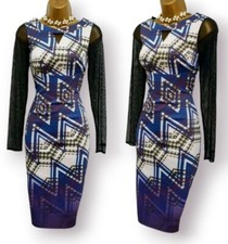 Karen Millen BNWT Purple Zigzag Mesh Sleeves Wiggle Pencil Occasion Dress UK 8