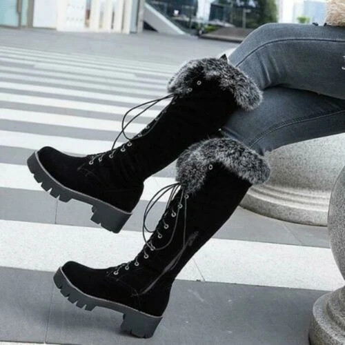 New Men's Womens Fur Lined Snow Boots Warm Lace Up Knee High Boots Outdoor Shoes - Picture 6 of 18