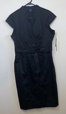 Rafaella Women's Black Cap Sleeve V-Neck Button Up Belted Dress Size 12 NWT Cute